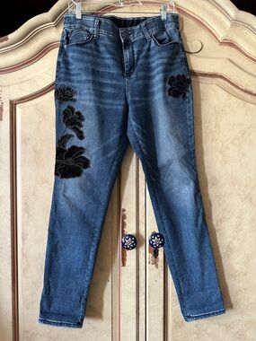 Chico's Blue Denim Jeans with Black Floral Velvet Appliqué